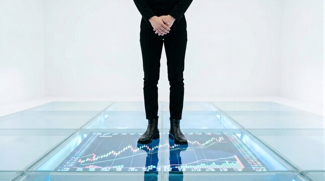 Businessman standing on digital financial data screen, innovation and future technology concept