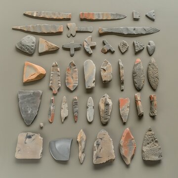 Collection of neolithic stone tools arranged on neutral background. AI-generated.