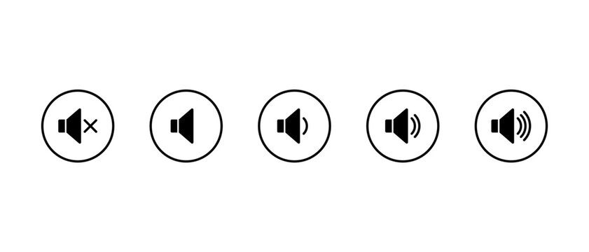 Speaker volume icon set in circular outline. Audio control symbol. Mute and loudness adjustment level sign