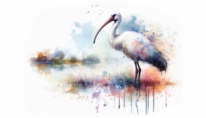 Fototapeta premium Elegant watercolor depiction of a giant ibis in a serene wetland habitat, artistic style