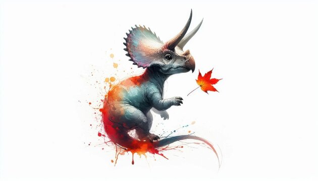 Watercolor illustration of a baby ceratopsian dinosaur interacting with a maple leaf