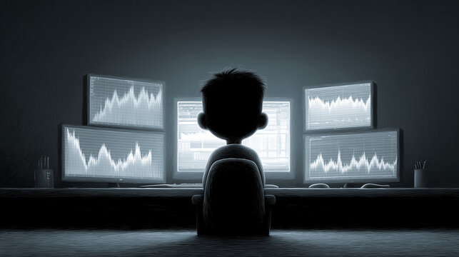 Young Trader Sitting in Darkness Illuminated Only by Multiple Financial Monitors and Market Graphs, Black and White Ink Illustration

