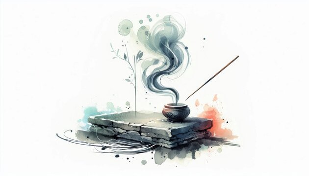 Serene watercolor depiction of a spiritual altar with fragrant incense smoke