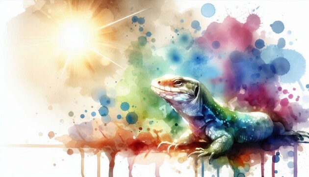 Watercolor Illustration of a Content Lizard Basking in Sunlight, Serene Reptile Art