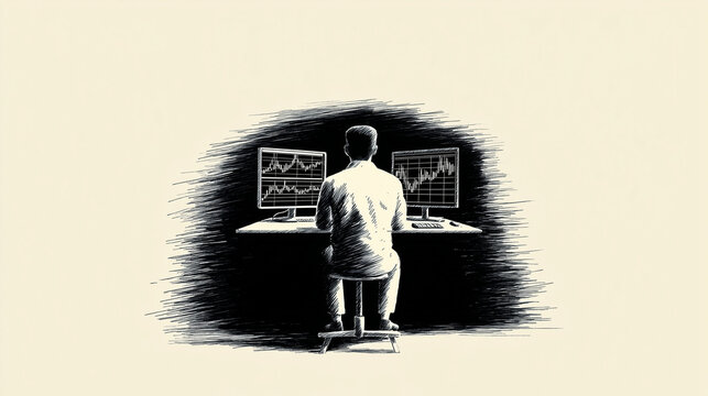 Young Trader Sitting in Darkness Illuminated Only by Multiple Financial Monitors and Market Graphs, Black and White Ink Illustration

