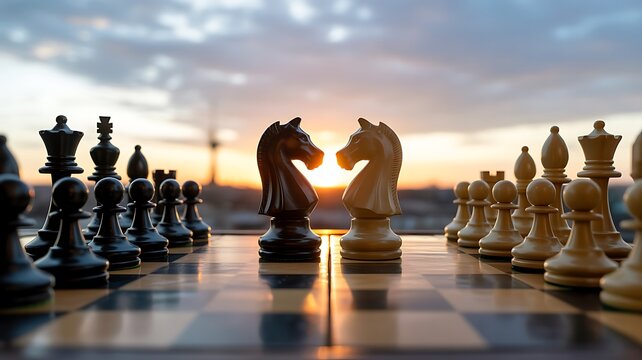 Strategic chess game with opposing knights symbolizing leadership competition and decision making