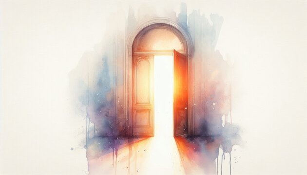 Watercolor portal illustration: Ajar door emitting ethereal glow, abstract threshold concept, artistic expression, unique scene