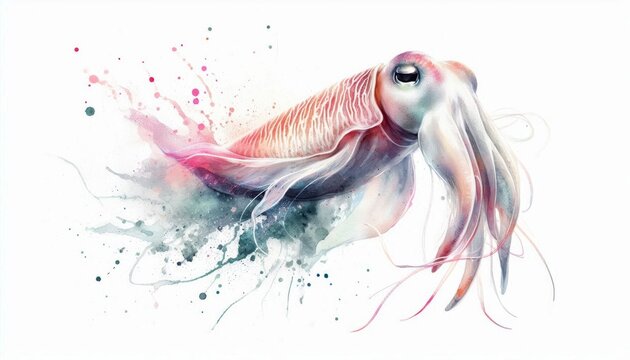 Watercolor illustration of a newborn cuttlefish with gentle fin movements, artistic splashing