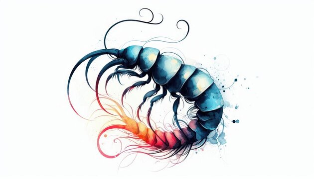 Watercolor Illustration of a Curled Earwig with Visible Pincers and Sculptural Form