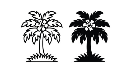 Obraz premium Palm tree vector silhouettes with flowers and grass on white background