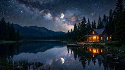 Obraz premium Cozy log cabin reflected in lake under Milky Way night sky