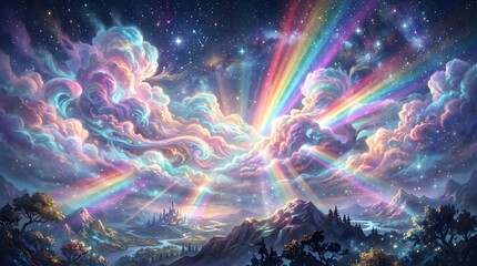 Fototapeta premium Colorful glowing clouds with rainbow light rays over a mountain valley