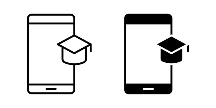 Mobile learning icon in outline and solid style, isolated on white background. Perfect for e-learning, smartphone education, and digital study features in mobile and web design
