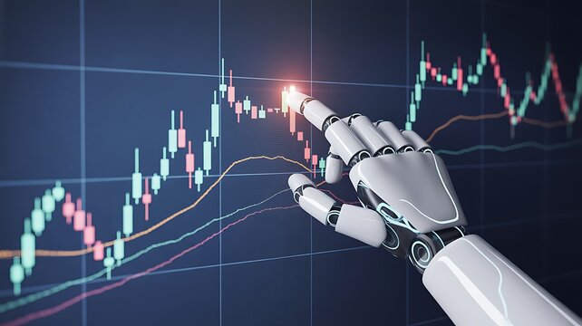 Artificial intelligence powered stock market analysis with robotic hand and financial chart