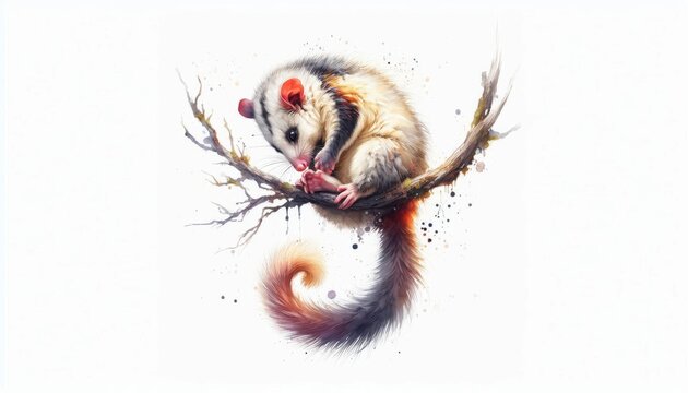 Watercolor Brush-tailed Possum Portrait: Cute Australian Animal Grooming on Branch
