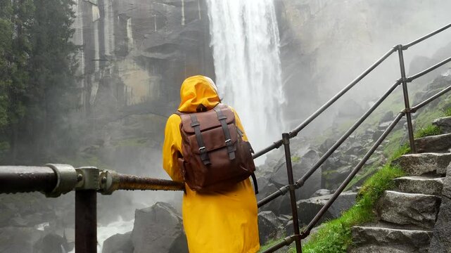 Happy female hiker in a yellow raincoat climbing wet stone stairs near a powerful waterfall, getting soaked by the spray from vernal fall on the mist trail in yosemite national park
