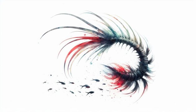 Watercolor illustration of a giant eurypterid tail with fish silhouettes below, fantasy