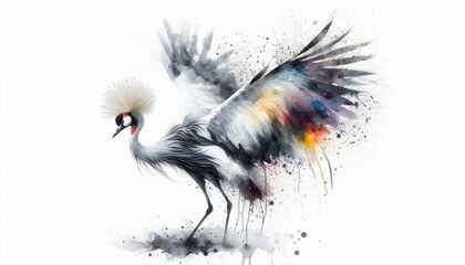 Naklejka premium Watercolor illustration of a grey crowned crane spreading its wings in artistic style