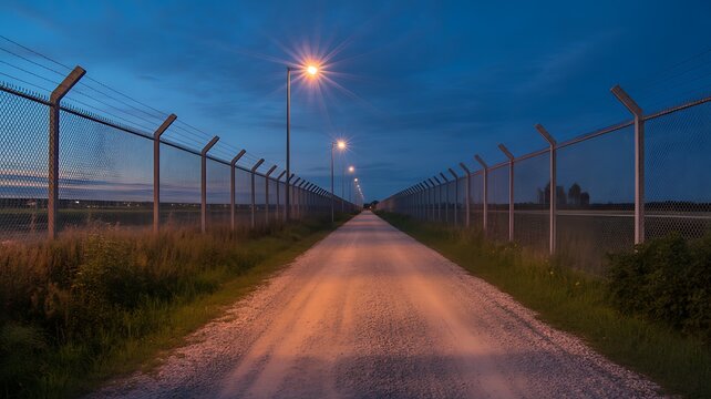 Secure perimeter fence along restricted facility road at dusk