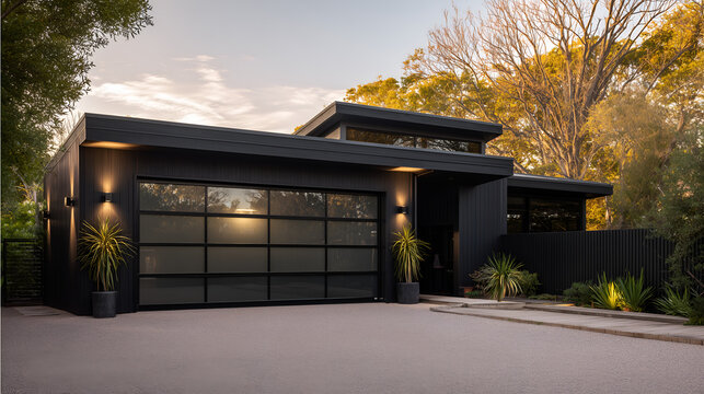 Contemporary minimalistic garages with sleek gates. Clean design, modern aesthetics, and functional architecture.