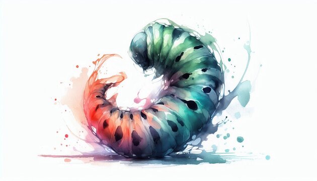 Watercolor depiction of a curled caterpillar pupa with vibrant gradient transitions