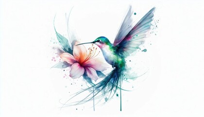 Fototapeta premium Delicate watercolor hummingbird illustration with vibrant plumage sipping nectar from flower