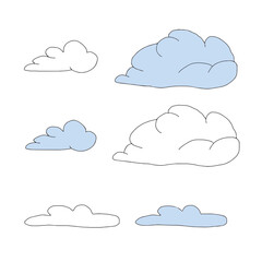 Obraz premium Set of clouds vector graphic illustration. Hand drawn various fluffy and abstract cumulus. Doodles for weather apps, cloudscape, children's book illustrations, website, isolated on white background