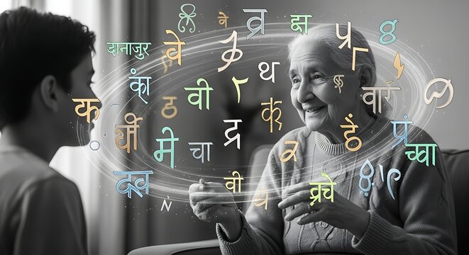 Elderly woman teaching a young boy Indian language and heritage.