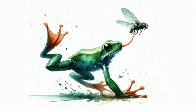 Watercolor amphibian portrait: a captivating frog snaring a fly with its tongue, nature's harmony
