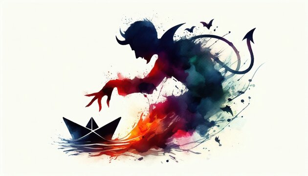 Watercolor devil silhouette dispatching a paper boat as a sly, spooky messenger