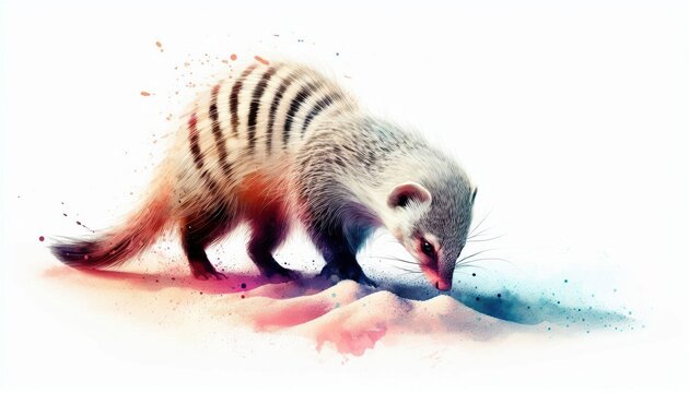 Whimsical watercolor: A banded mongoose in foraging mode with artistic flourishes