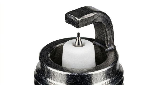 High-resolution macro of a high-performance iridium spark plug featuring a fine-wire center electrode and bright white ceramic insulator.