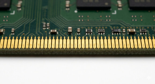 Extreme macro shot of gold-plated contact edge on a server ECC RAM memory module with a green circuit board.