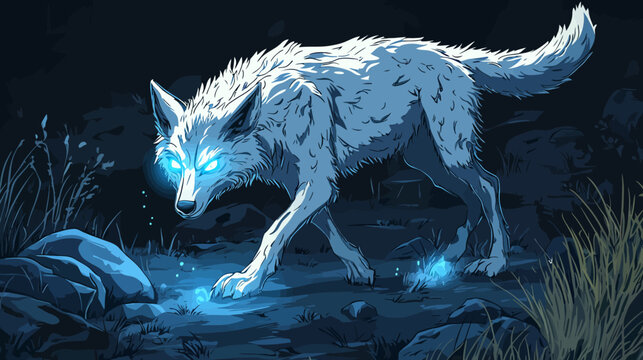 Glowing blue wolf prowls through moonlit night; icy fur radiates eerie light now