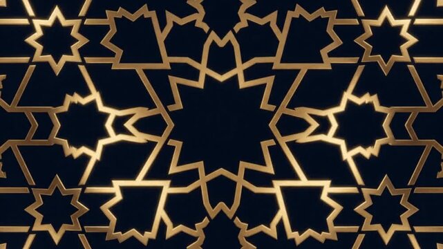 Golden geometric star pattern animation featuring intricate metallic Islamic style lines moving across a deep navy background creating a sophisticated and elegant luxury motion video effect