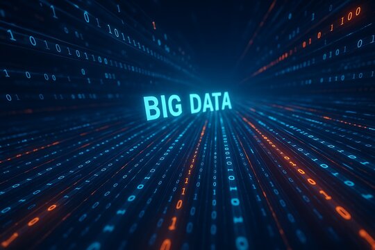 Big data visualization with glowing blue and orange binary code numbers and light streaks on a dark background, for digital information