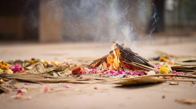 Respectful Hindu funeral ceremony detail with sacred flame, dry leaves, wooden sticks and scattered ritual flowers Hindu funeral ceremony, Hindu cremation ritual, Indian funeral ri