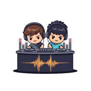 Two cartoon DJs mixing music at a party event