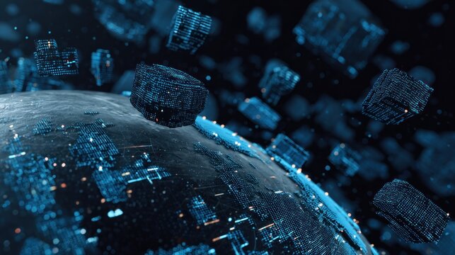 Illuminated digital structures float around a planet surface in dark outer space