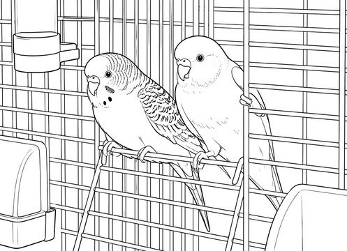 Pet budgies in cage coloring page drawing for kids with hand drawn, parakeet