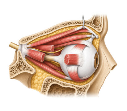 Human eye anatomy with extraocular muscles and orbital section