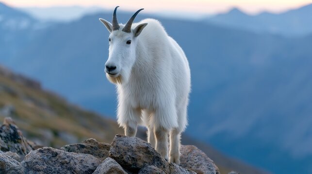 Mountain goat standing on a rocky mountain peak, demonstrating its natural habitat, resilience, and adaptability to extreme high altitude wilderness environments with a background of blue mountains