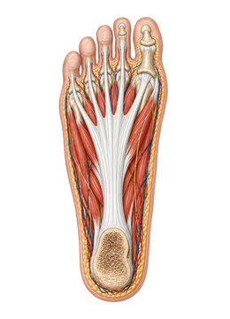 Human foot muscular anatomy with plantar tendons and nerves