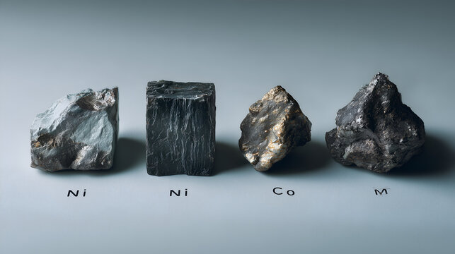 Close-up of rare earth metals and mineral textures, showcasing critical resources like cobalt, manganese, and nickel used in batteries, tech, and sustainable energy industries.
