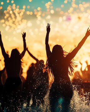 Silhouettes of happy young people dancing at a beach party with fireworks and music during sunset