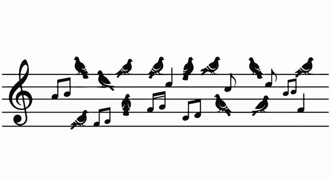 Pigeons perched on musical staff lines amidst scattered notes