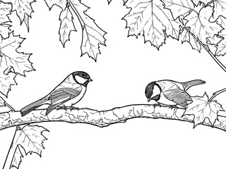 Two small birds perched on a tree branch among maple leaves black and white © Kamrul