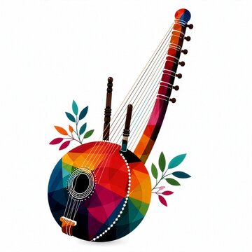 Abstract Kora Harp Lute with Colorful Geometric Collage and Botanical Accents
