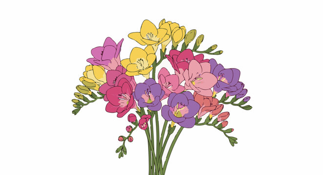A colorful bouquet of freesia flowers in shades of pink, purple, and yellow