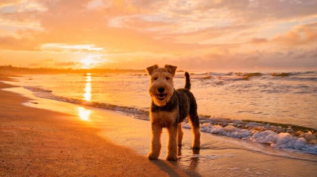Airedale terrier at northumberland coast, golden light sunset background